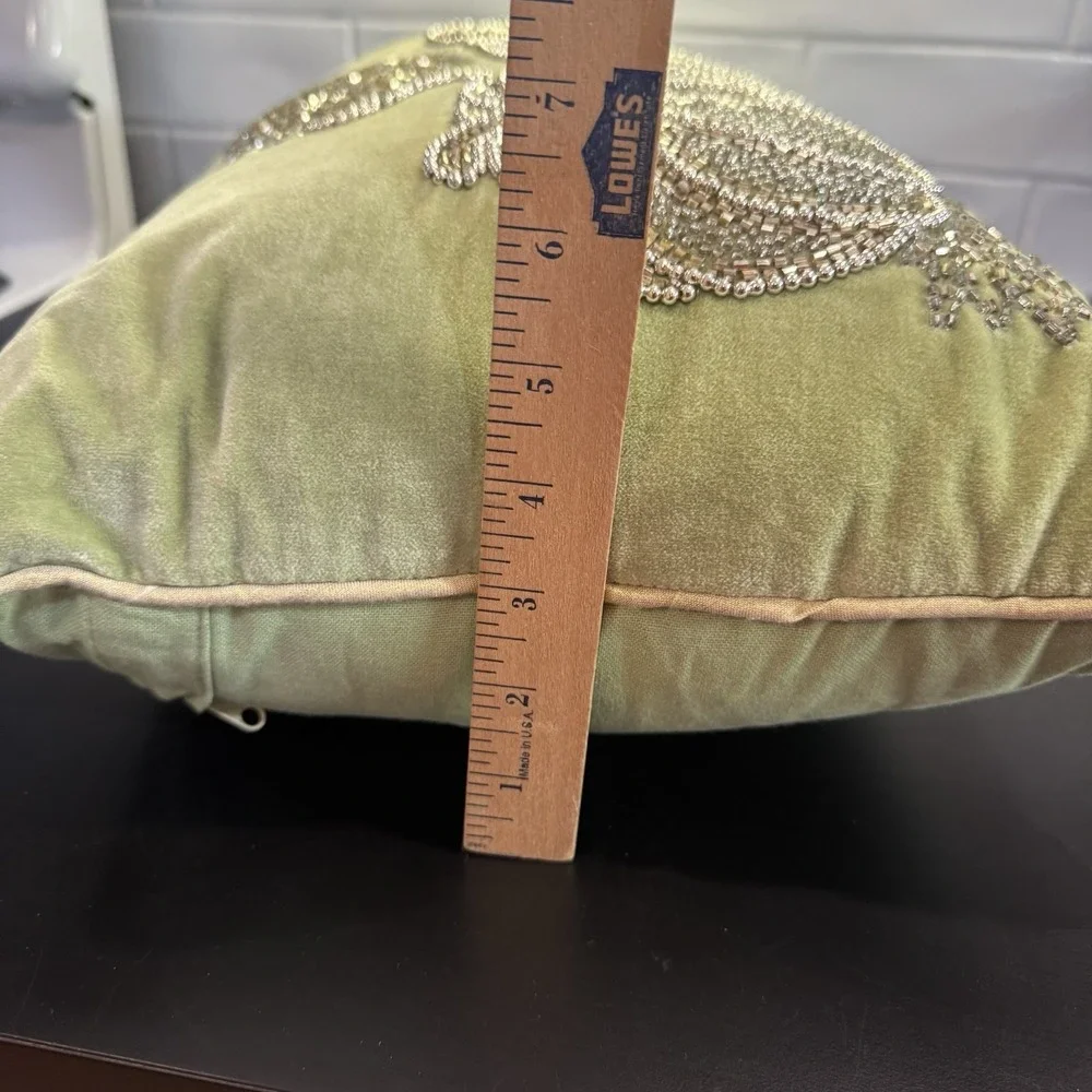 Fall Harvest Beaded Pumpkin Throw‎ Pillow Green With Gold & Silver Beads 14 x 24
